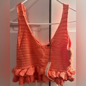 Mustard Seed Coral Knit Ruffle Crop Top